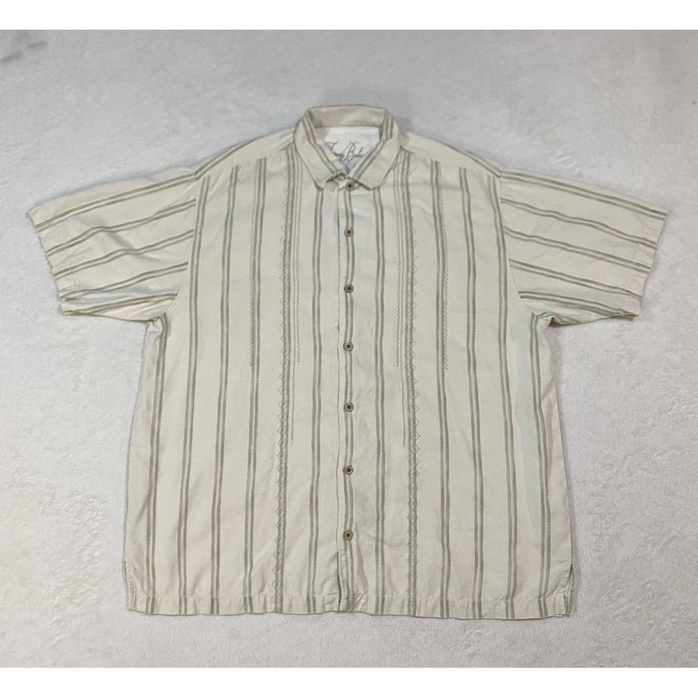 Tommy Bahama Mens XL Button Up Beige Vertical Lines 100% Silk Hawaiian